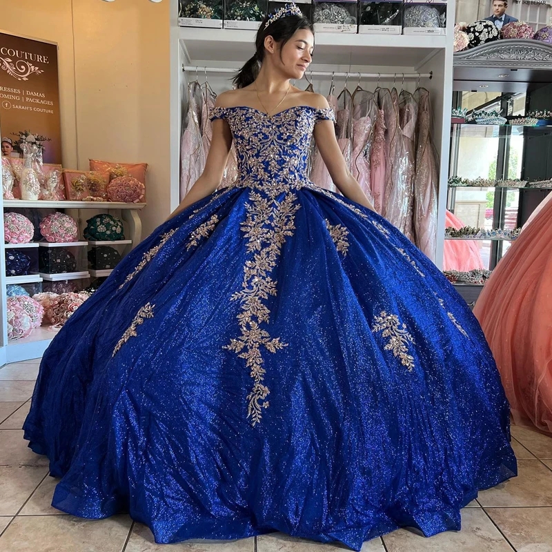 Blue Shiny Princess Quinceanera Dress Ball Gown Off the Shoulder Party Gold Applique Beads Sweet 16 Birthday Dress Vestidos 15 De Anos