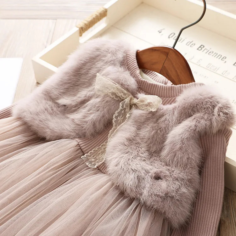 1-7 year old winter girls pink long sleeved lace bow dress baby vest dress childrens clothing princess solid color dress 241008