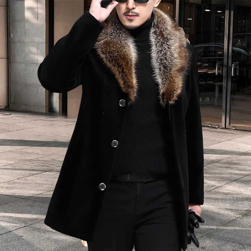 Men Woolen Coat Faux Fur Collar Men Outwear Solid Color Single-breasted Men Jacket Autumn Winter Windbreaker Jacket for Daily LX241010