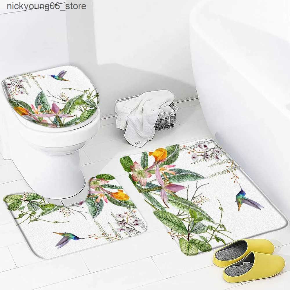 Non-Slip Bath Mats Tropical Leaves Bath Mat Set Watercolour Plants Green Gold Palm Leaf Monstera Flannel Bathroom Decor Non-Slip Rugs Toilet Cover L24
