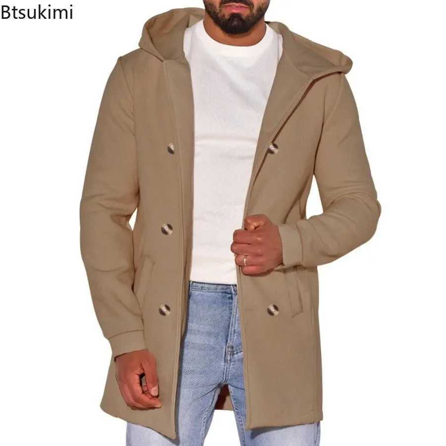 2024 Mens Woolen Hooded Jackets Mid Length Slim Straight Jackets Outerwear Men Autumn Winter Warm Outdoor Windbreaker Blends LX241010