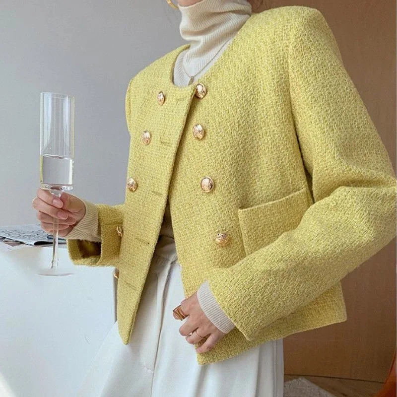 Autumn yellow coarse woolen womens jacket temperature version short sleeved womens jacket Korean fashion elegant winter jacket women 240930
