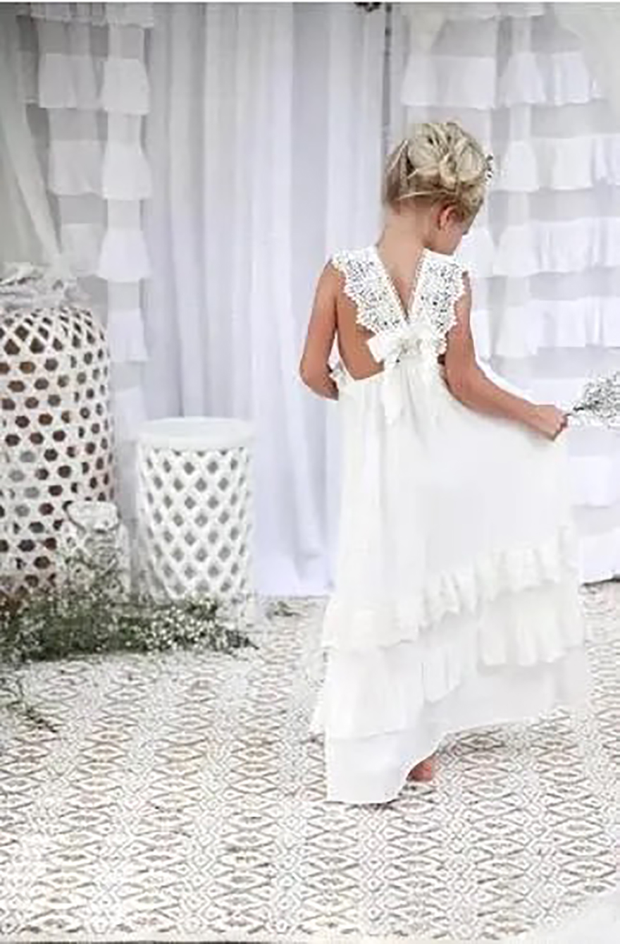 Lovely Boho Ivory Flower Girl Dresses V Neck A Line Chiffon Lace Child Communion Dresses Kids Formal Wear Birthday Party Gown