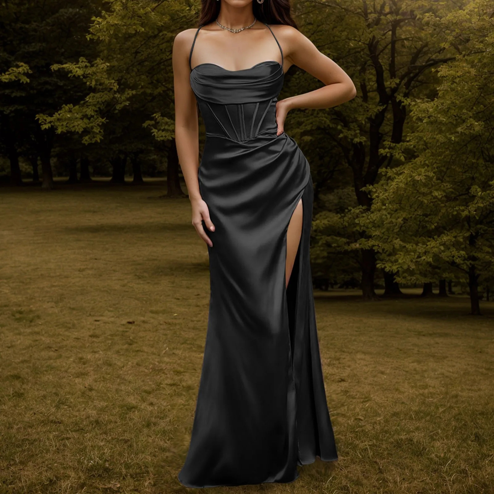 Italian shoulder strap satin corset womens evening dress Vestidos fishbone push up elegant womens tight corset party long dress 241007