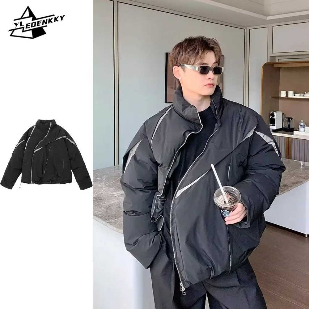 Men's Down Parkas American oversized Parka mens color block pleated paddle jacket high waist loose fit warm zipper jacket winter casual top Y2410