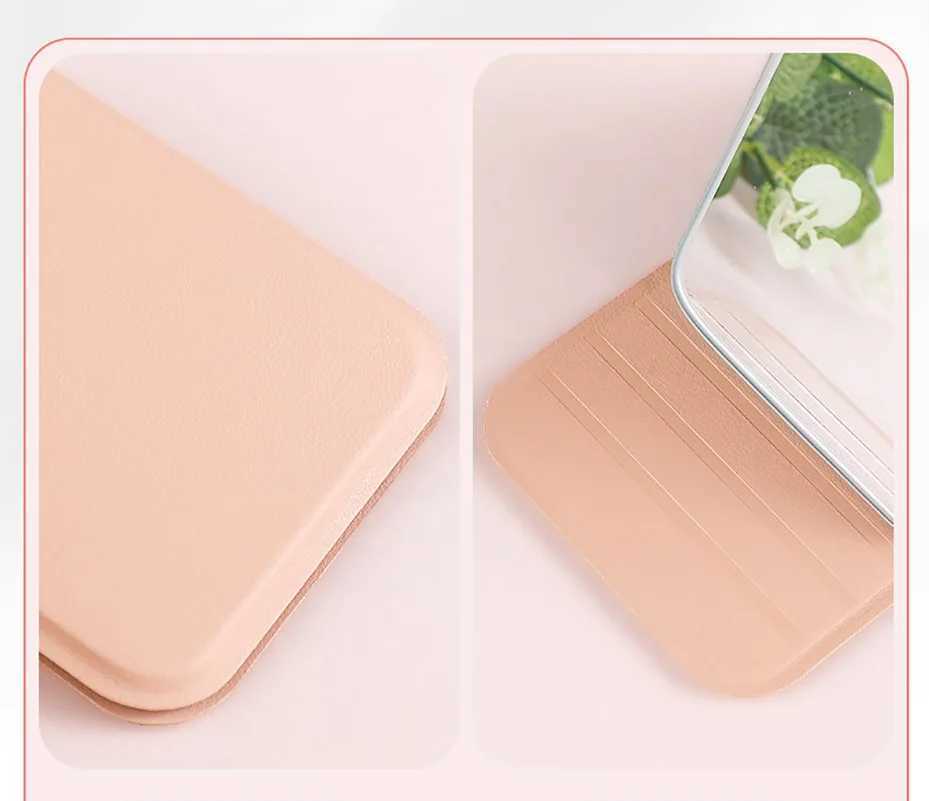Solid color desktop makeup mirror Pu leather simple portable handheld makeup mirror foldable student compact pocket mirror W240813