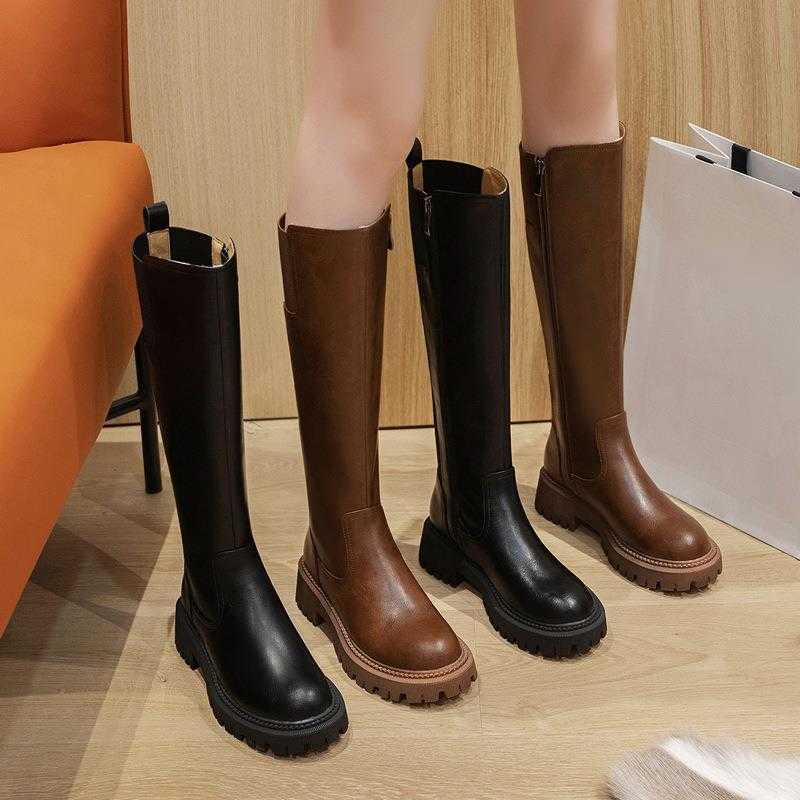 Cylinder Soled Fashion Boots Knight Boots Long Boots For Women Large High Ankle Boots Thick Soled Brown Woman Shoes 240826
