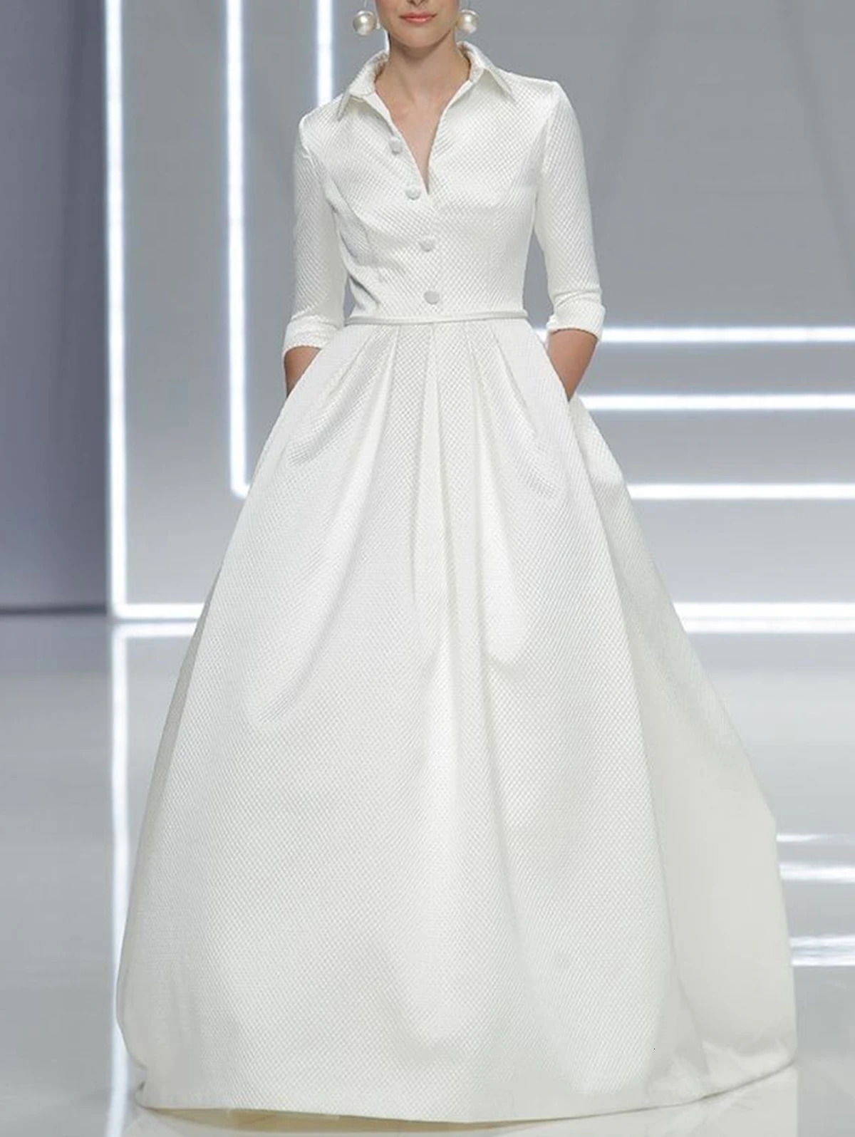 Elegant A Line Maxi Wedding Dress Women Solid Party Evening Bridesmaid Long Dress Pockets Turndown Collar Women Vestidos 241007