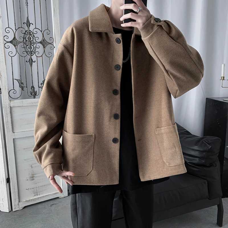 Vintage Blends Coats Men Clothing Handsome Korean Fashion Outwear Autumn Spring Teens Button-Up Temper Long Sleeve Pure Color LX241010
