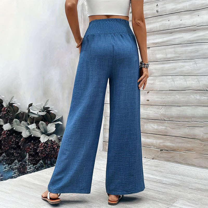 Womens 2024 New Commuter High Hug Elastic Waist Loose Wide Straight Leg Solid Color Elegant Pants for Women Fashionable Printing All-match Model