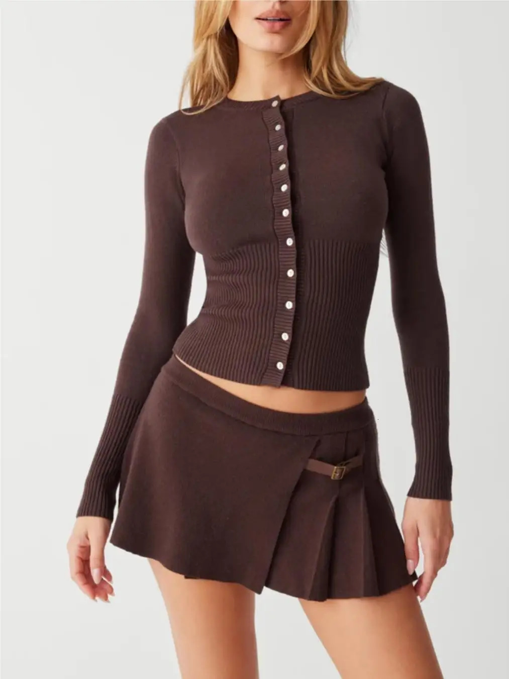 Sexy cardigan women Fall korean fashion vintage clothes cropped sweater long sleeve top knitted button up brown 241007