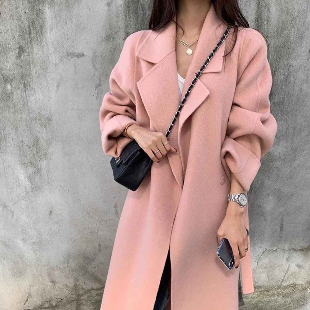 2023 Korean Style Women Long Woolen Blends Jacket Casual Cardigan Coats Fashion Autumn Overcoat Lady Wool Coat Warm Pink Outwear 241008