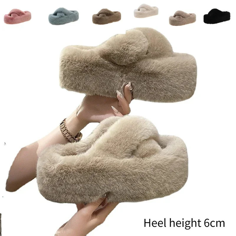 Womens Fur Womens Artificial Fur Fluffy Plush Slide House Fluffy Platform Indoor Flat Casual Sandals Round Toes Winter 241007