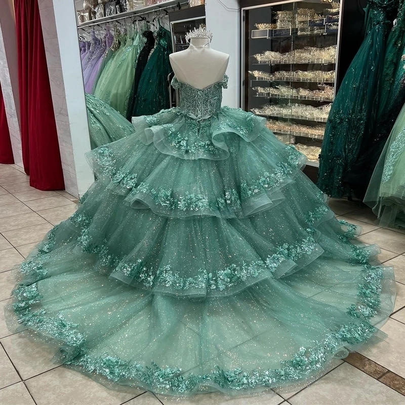 Green Shiny Princess Quinceanera Dresses Off Shoulder Sequin Applique Lace Beads Crystal Lace-up Corset Cathedral Train Vestido De15 Anos