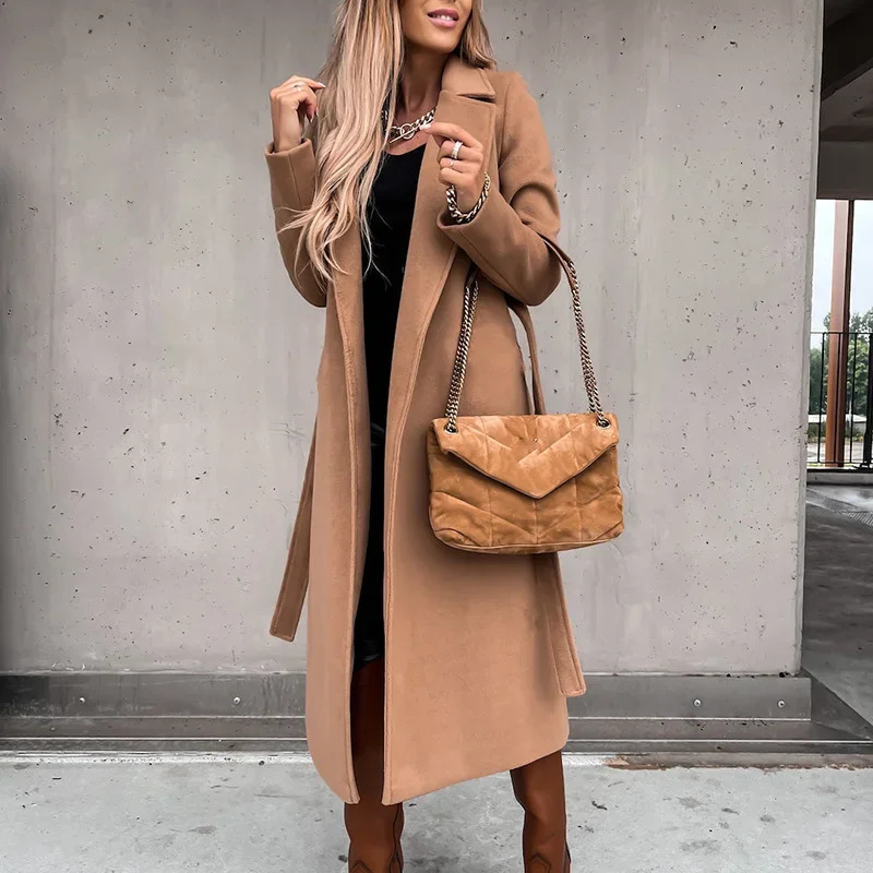Women Chic Wool Blends With Belt Solid Long Sleeve Adjustable Waist XLong Coats Outerwear Turn Down Collar Elegant 241008