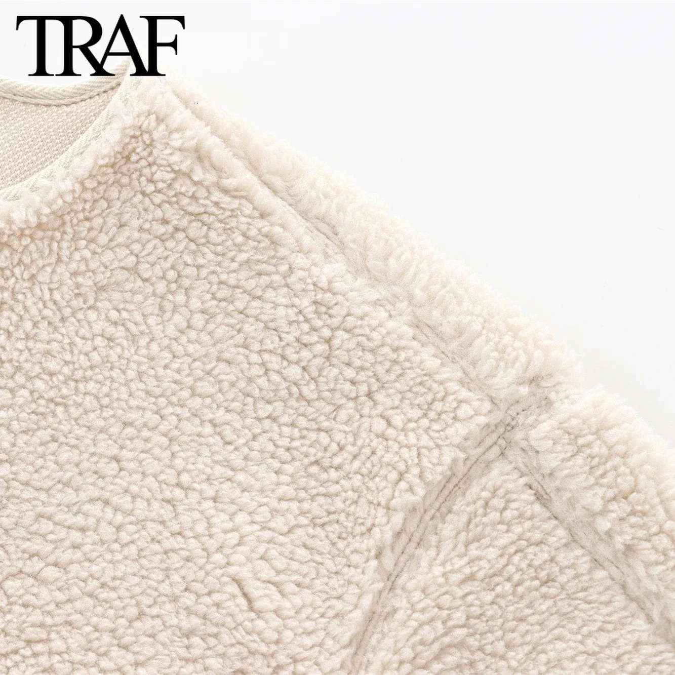 TRAF Women Fashion Autumn Winter Coat Jacket Long Sleeved Single Breasted Round Neck Fleece Coats Chic Ladies Tops Mujer 240930