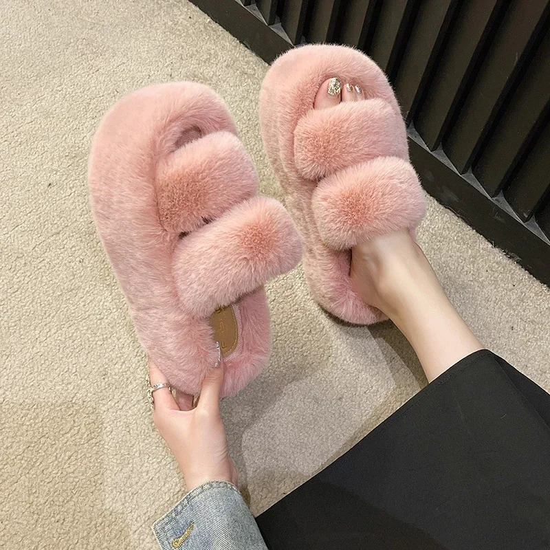Womens Fur Womens Fur Fluffy Plush Slide House Soft Fuzzy Platform Indoor Leisure Winter Home Warm High Heels Womens Shoes 241007
