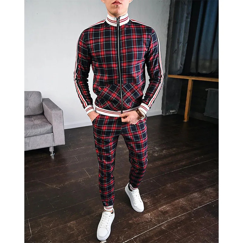 Mens Tracksuits Color Checkered Casual Zipper Hoodie Set 3D Printing Set Autumn Mens Sportswear Set 240925