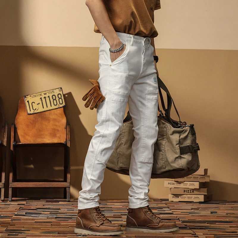 White Stitching Jeans for Men Fashion Slim Stretch Multi-pocket Personality Biker Denim Jeans Pants Trousers Male StreetwearX241009