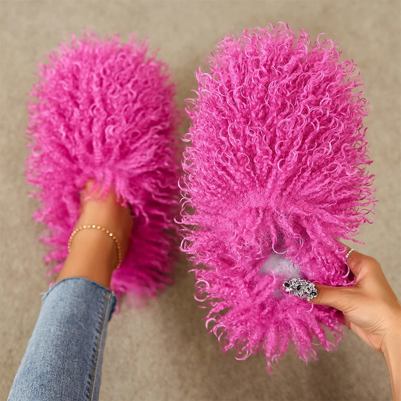 Plus Size Furry Faux Fur Shoes Autumn Winter Fur Slippers for Women Home Plush Warm Cotton Slippers Indoor Fur Slides 240927