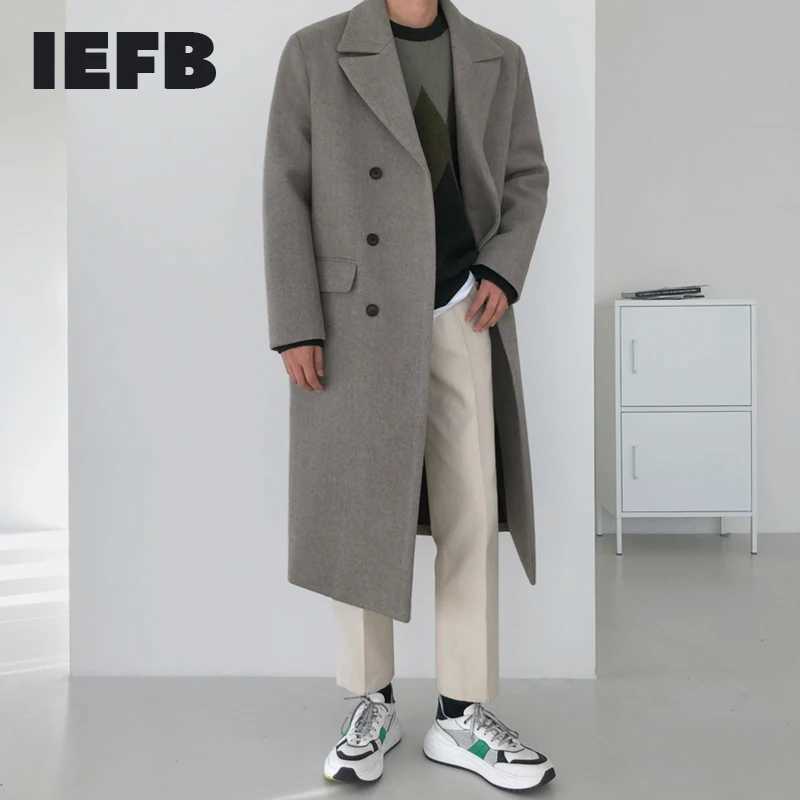 IEFB Woolen Coat Mens Korean Fashion Over The Knee Mid Length Winter Thickening Loose Double Breasted Warm Long Coat New 9Y4486 LX241010
