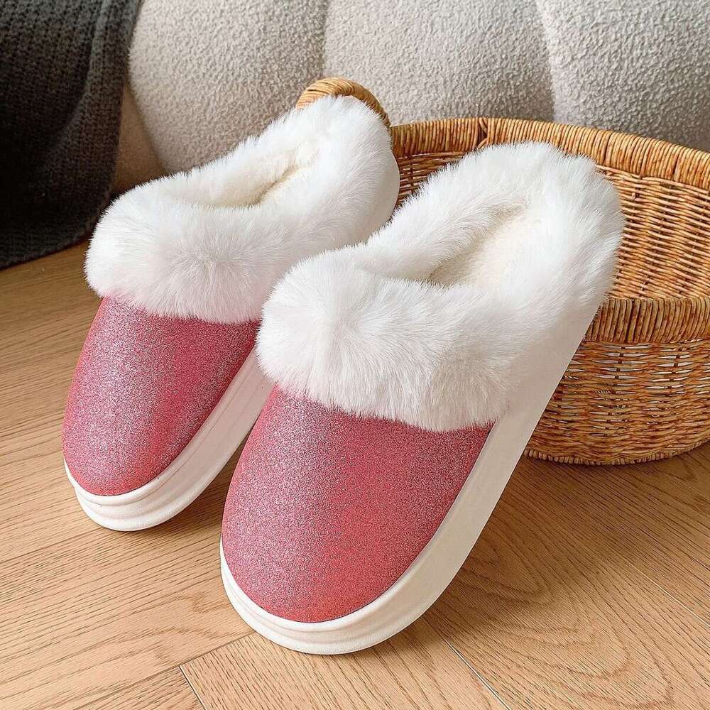 Women Shoes Baotou Frosted Glitter Fur Slippers Warm Home Anti Slip Cotton Mop Thick And Warm Cotton Slippers With Velvet High Quality