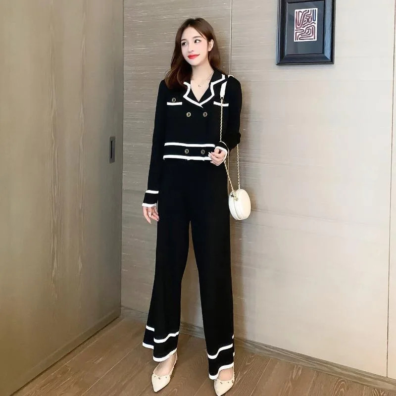 Korean Knitted Sweater Short Top Set High Waist Wide Leg Pants Casual and Fashionable Spring Conjunto Soft 2piece 241008
