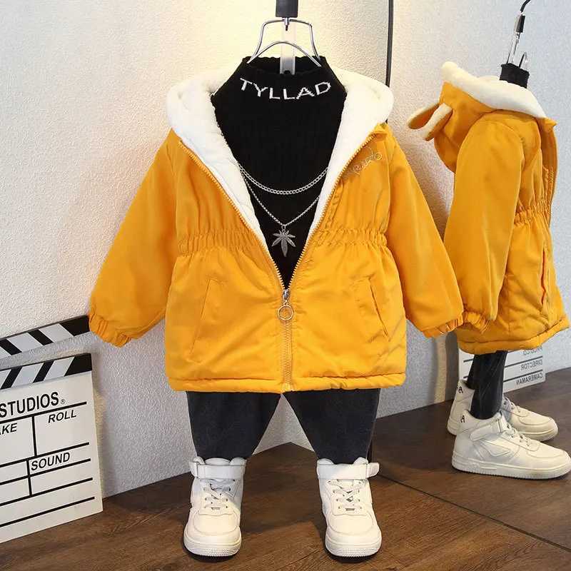 Down Coat Autumn and winter childrens coat hooded zipper warm cotton jacket plush thick girls clothing pink yellow cute long coat top H241010