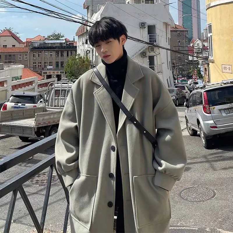 Winter trendy brand single-breasted mid-length woolen coat for men loose thickened warm windbreaker Korean style trendy for men LX241010