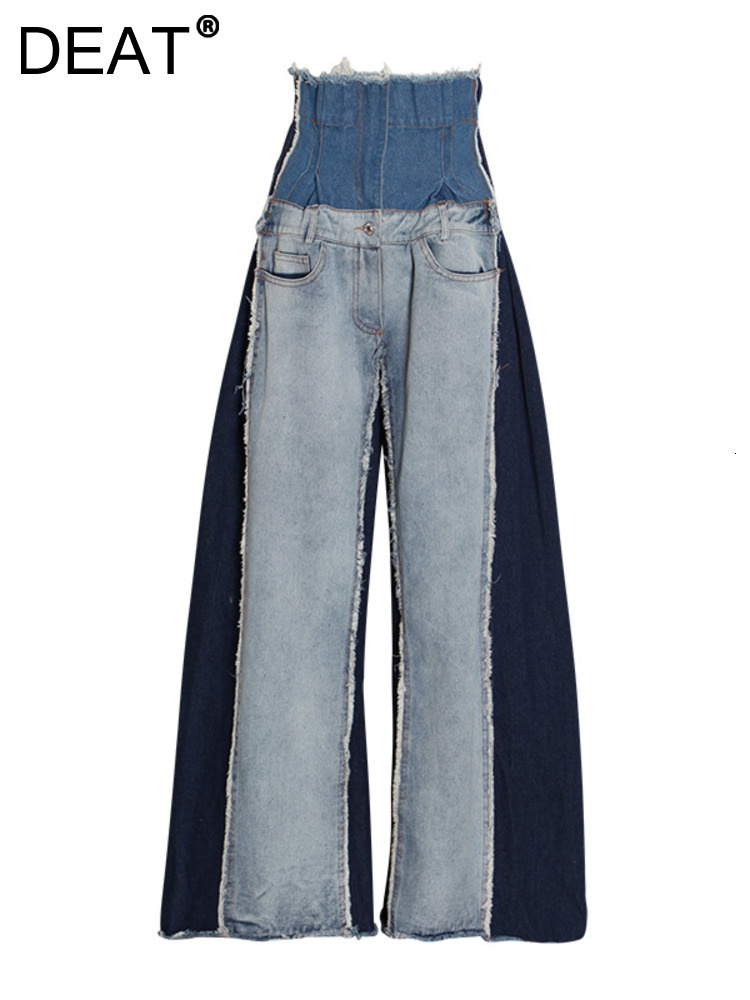 Deatfashion Women's Patchwork Contrast Color Jeans High Waist Full Length Zipper Wide Leg Denim Pants Autumn 2024 New Ww632