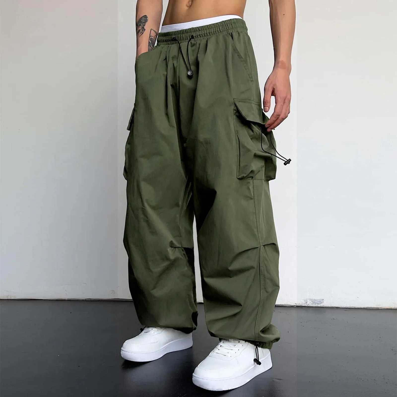 Commodity pants Harajuku mens oversized streetwear hip-hop wide leg runner pocket pants solid elastic waist multiple pockets Trouser W241009