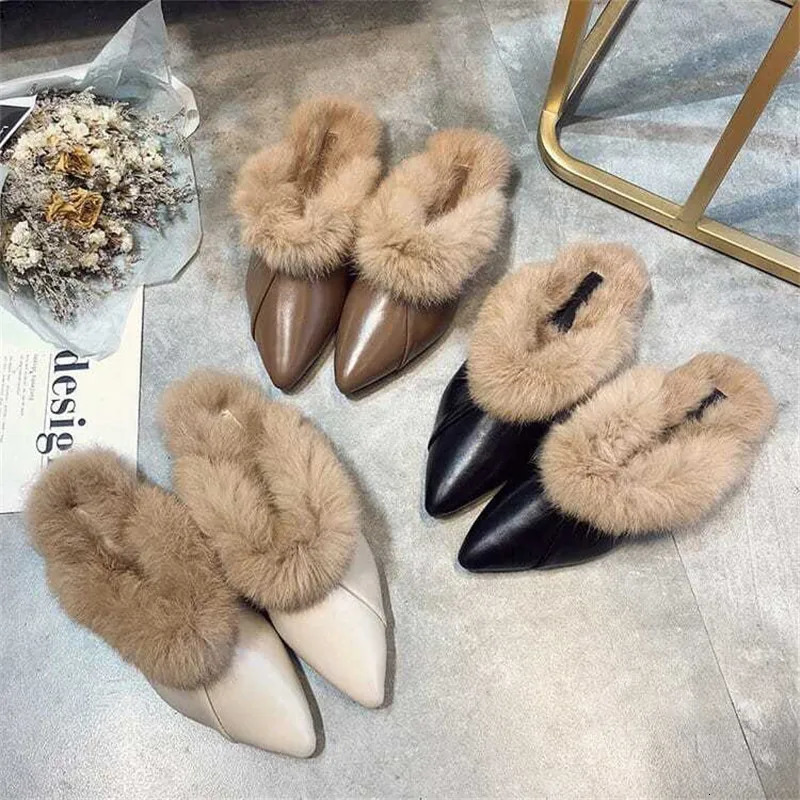 Real Animal Fur Slides Slippers Women Lady Natural Rabbit Mules Flip Flops Female Fluffy Fur Indoor Sandals Plush Shoes mules 240927