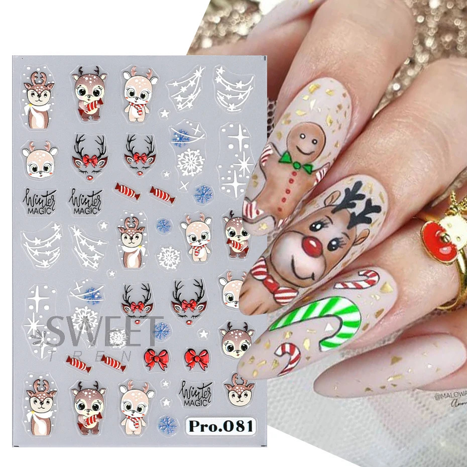 Cute cartoon gingerbread mens embossed nail stickers 5D winter snowflakes Gonk Elk Santa Claus stickers charm Christmas handmade tips 241008