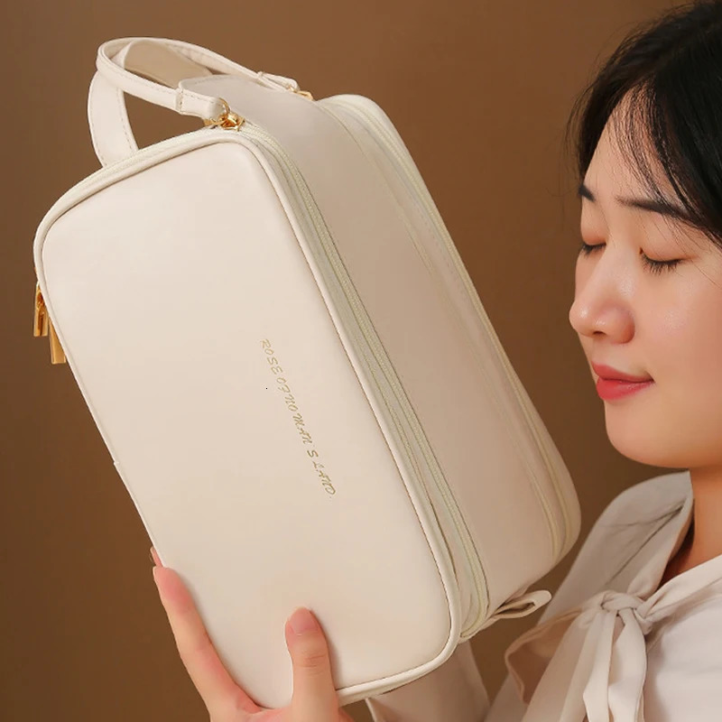 Pu Fahsion Womens Handheld Cosmetics Bag Portable Double Zipper Makeup Storage Bag Womens Large Capacity Travel Toilet Bag 241008