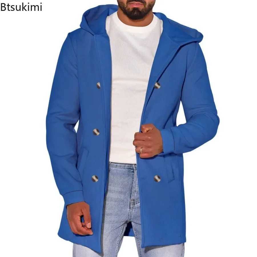 2024 Mens Woolen Hooded Jackets Mid Length Slim Straight Jackets Outerwear Men Autumn Winter Warm Outdoor Windbreaker Blends LX241010