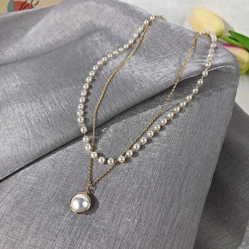 2024 New Fashion Imitation Pearl Choker Necklace Cute Double Layer Chain Round Pendant Necklaces For Women Jewelry Girl GiftX241009