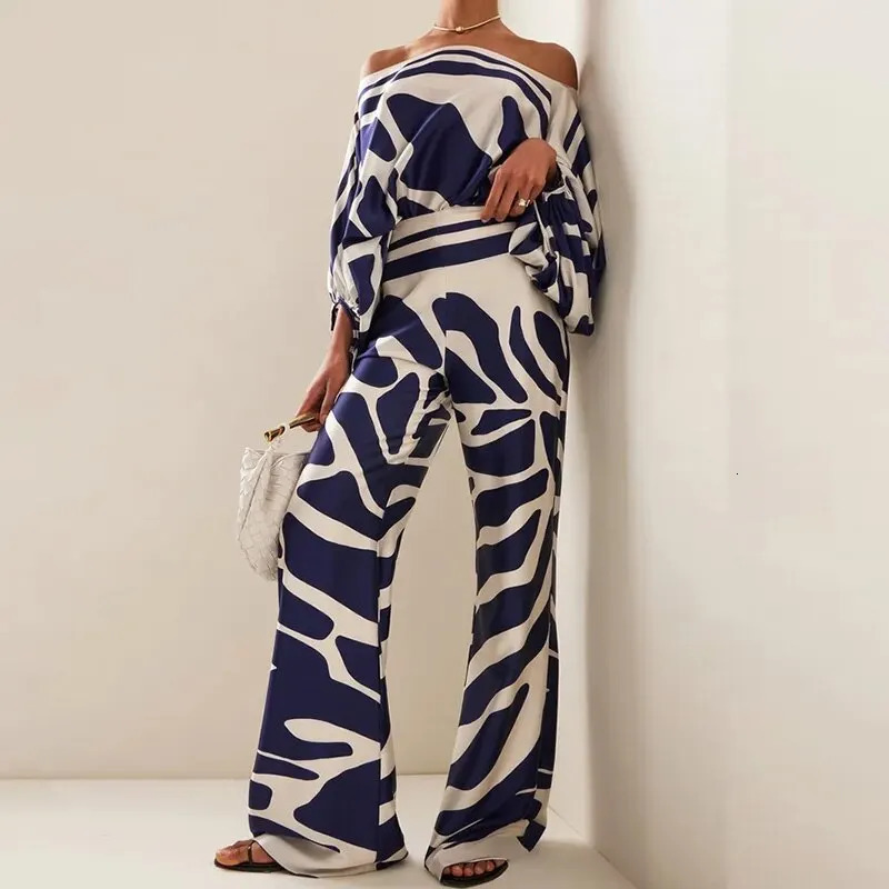 Womens shoulder twopiece pants set long sleeved striped print highend office womens spring matching 241008