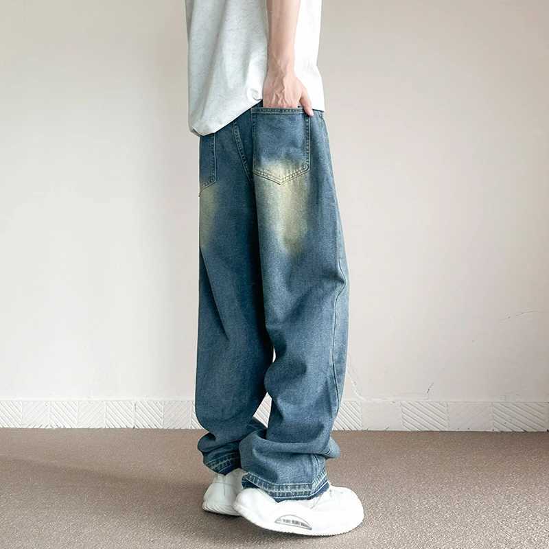 Streetwear Vintage Blue Wide Jeans Men Korean Fashion Washed Casual Trousers Male Straight Personality Baggy Denim PantsX241009