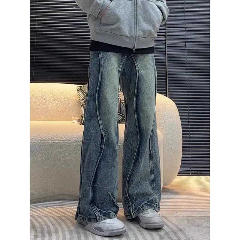 American style trendy and personalized straight leg washed denim pants for men and women hip-hop loose and wide leg casual pantsX241009