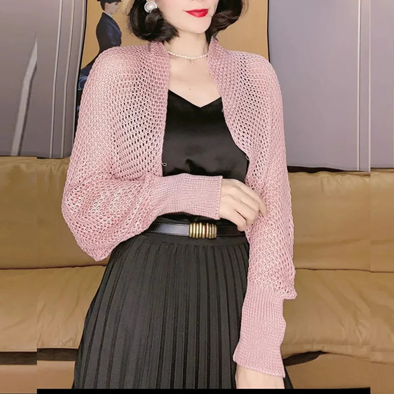 Sunscreen Crop Knit Cardigan Women Korean Style Solid Color Thin Coat Woman Simple Long Sleeve Smock Top Ladies 241007