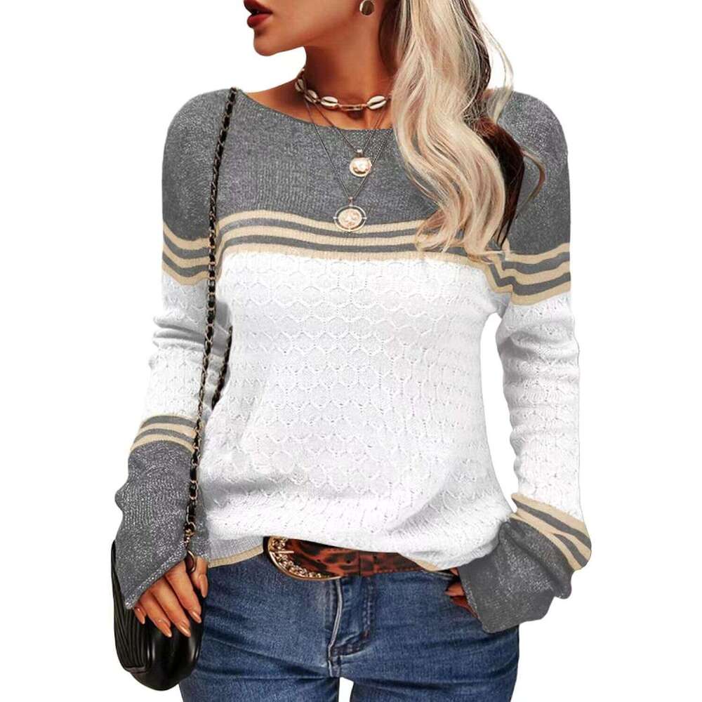 2024 autumn and winter new fashionable crochet long sleeved top with striped color blocking round neck knitted sweater for women