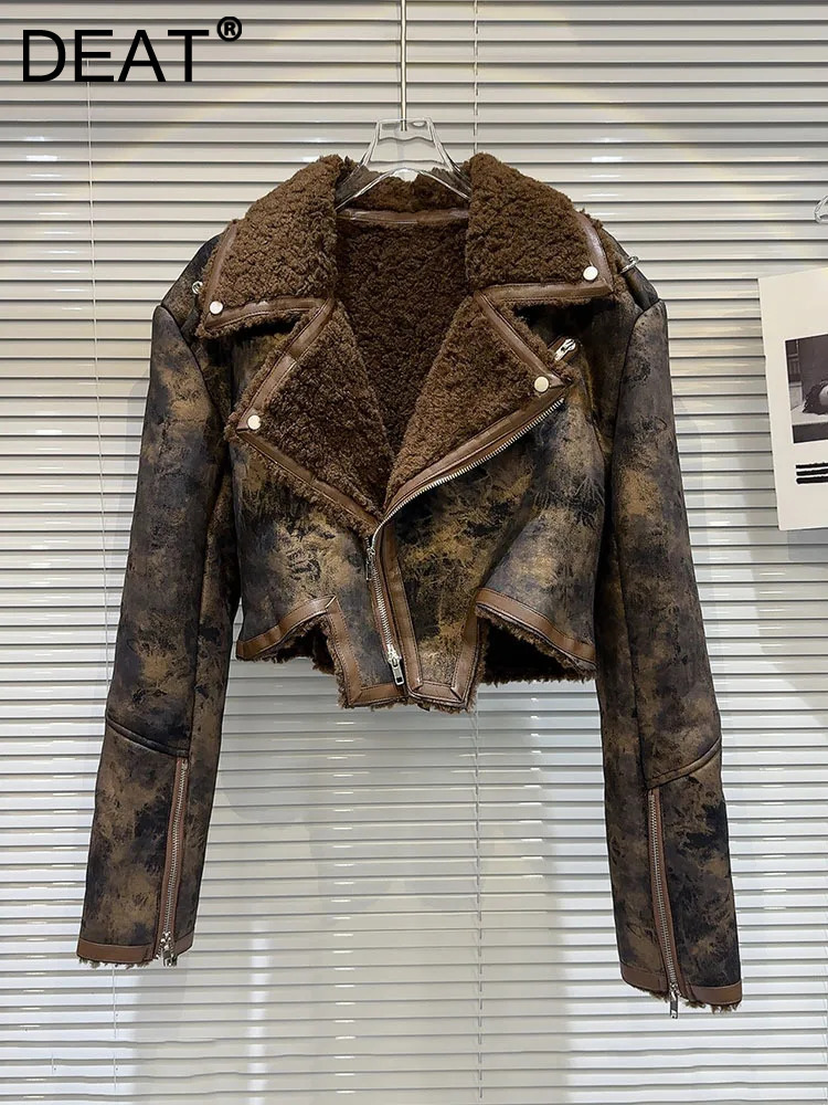 DEAT Vintage Women's Tie Dye Fur Turn-Down Collar PU Leather Coat 2023 Winter Fashion Long Sleeves Zipper Jacket Female 11Xx6973