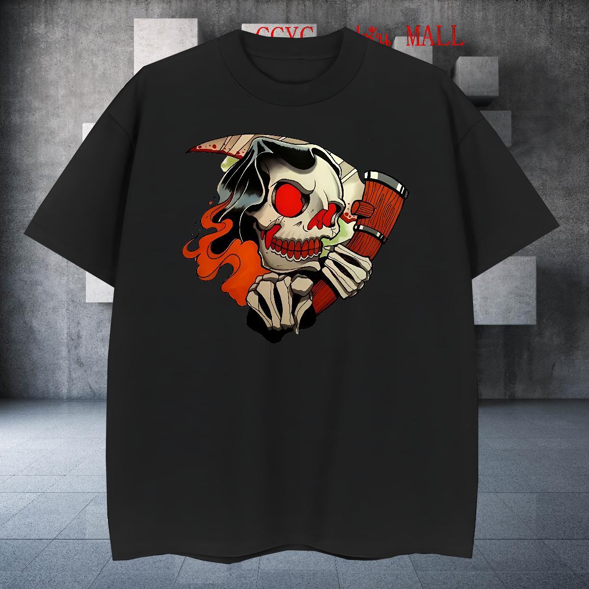 Loose Fit T-Shirts for Men 100% Cotton 230g skull High Street Hip Hop Black Oversized Breathable Short Sleeve Men Clothes T-Shirt Brand Polos