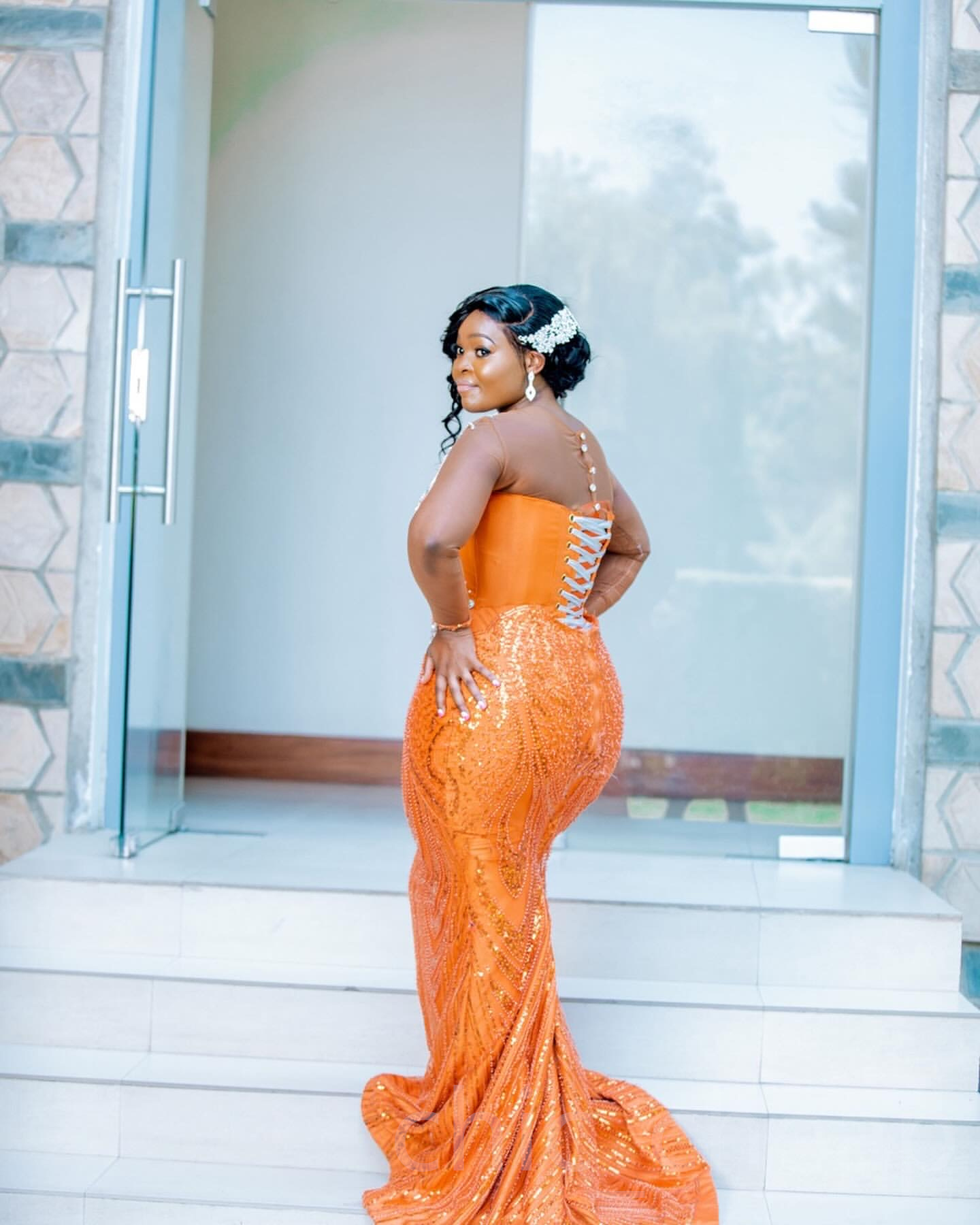 Aso Ebi 2024 Orange Mermaid Prom Dresses Rhinestones Sequined Lace Full Sleeves Evening Formal Party Second Reception Birthday Gowns Dress For Special