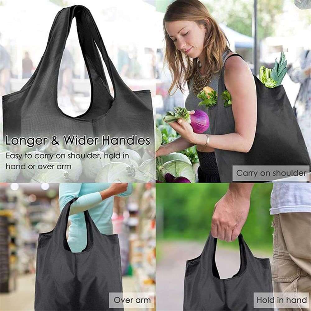 Poocar 10 Pack Grocery Bags Black Washable Foldable Reusable Shopping Bags,Eco-Friendly Purse Bag Fits in Pocket Holds