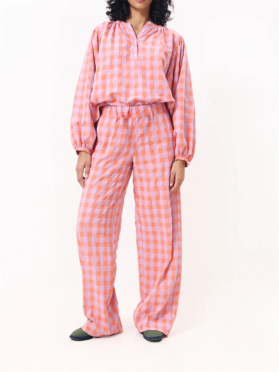 Womens Red Checkered Lounge Set Round Neck Long Sleeve Top Elastic Waist Pants 2piece Harajuku Autumn Pajama 241008