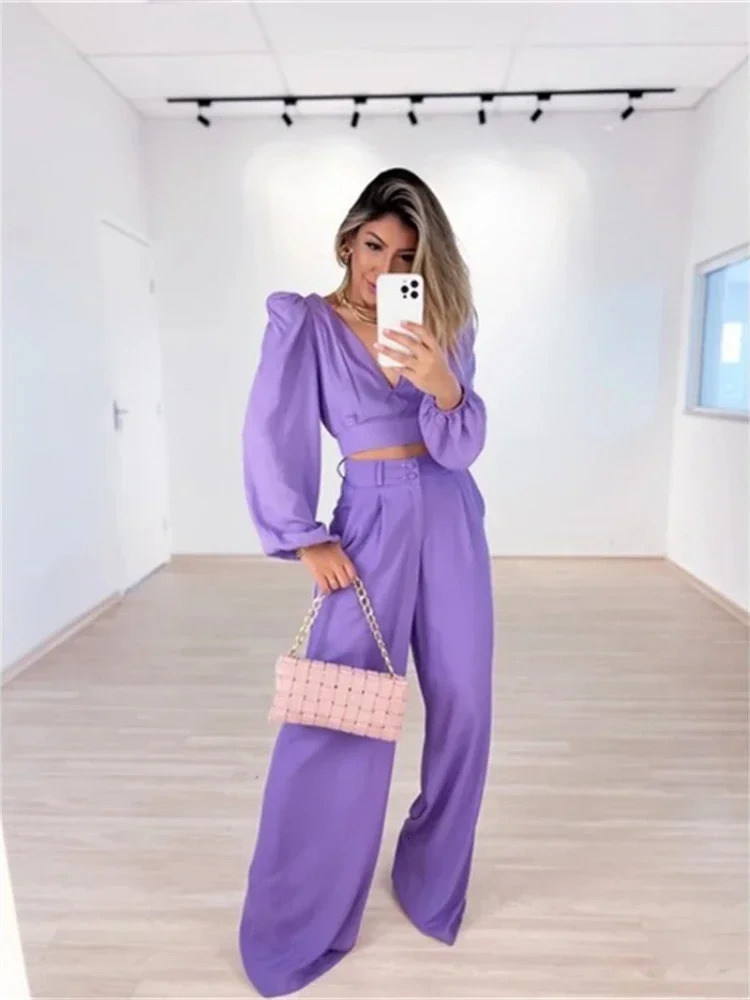 Laxsesu twopiece pants set sexy womens long sleeved shirtwide leg autumn streetwear casual clothing 241008