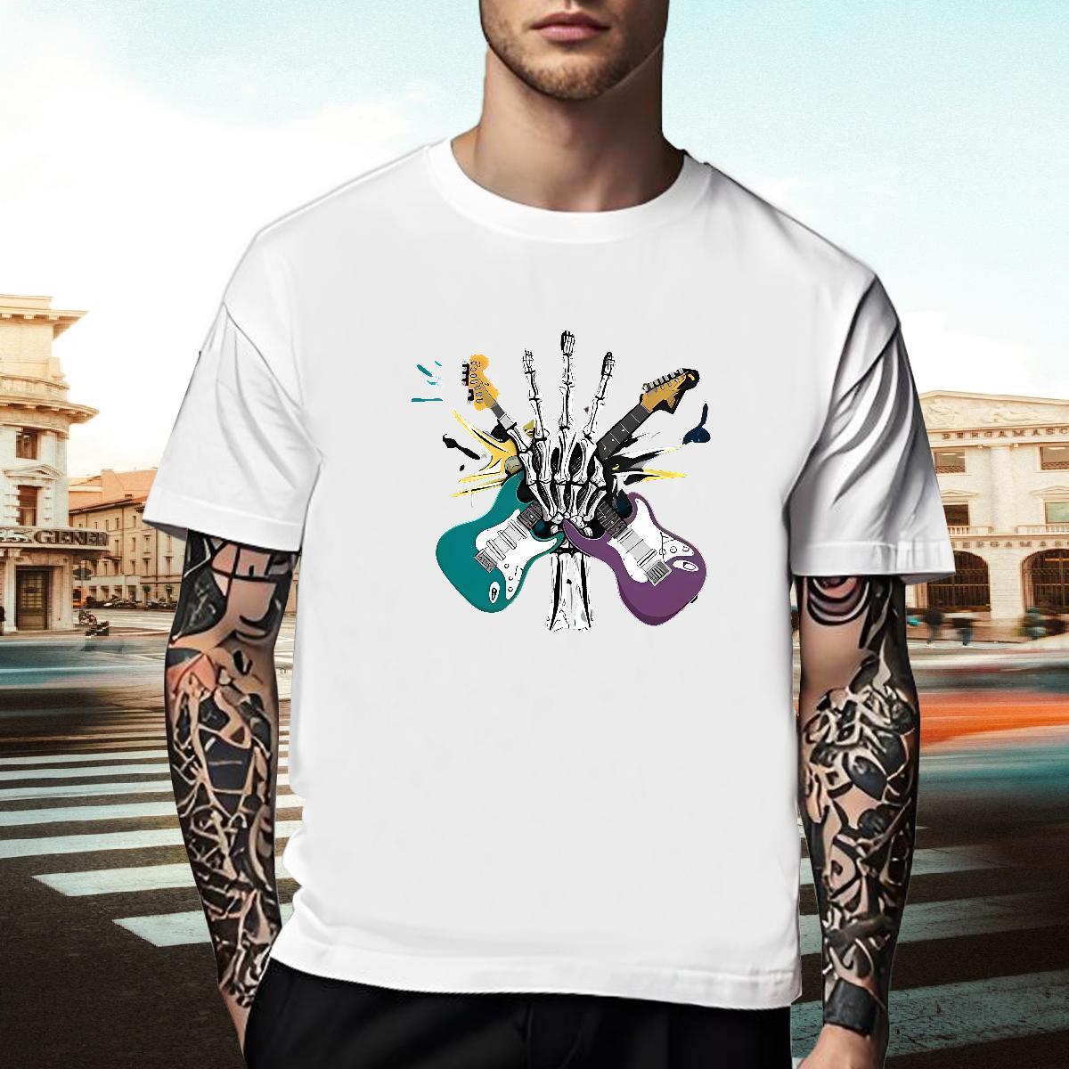 Wholesale Mens T Shirts 230g 100% Cotton guitar Casual Beach Oversized Crew Neck Tshirts 2024 DIY Tee Shirt