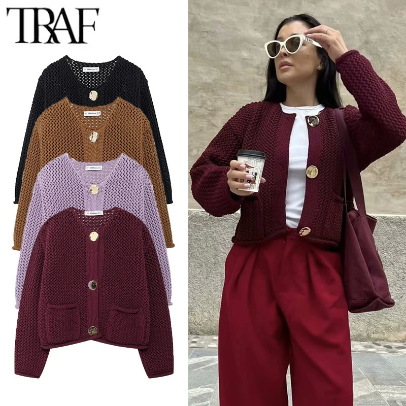 TRAF 2024 Autumn Winter Women Knitted Sweater Fashion Warm Solid Outwear With Pocket Loose Coat Top Vintage Long Sleeve Cardigan 241007