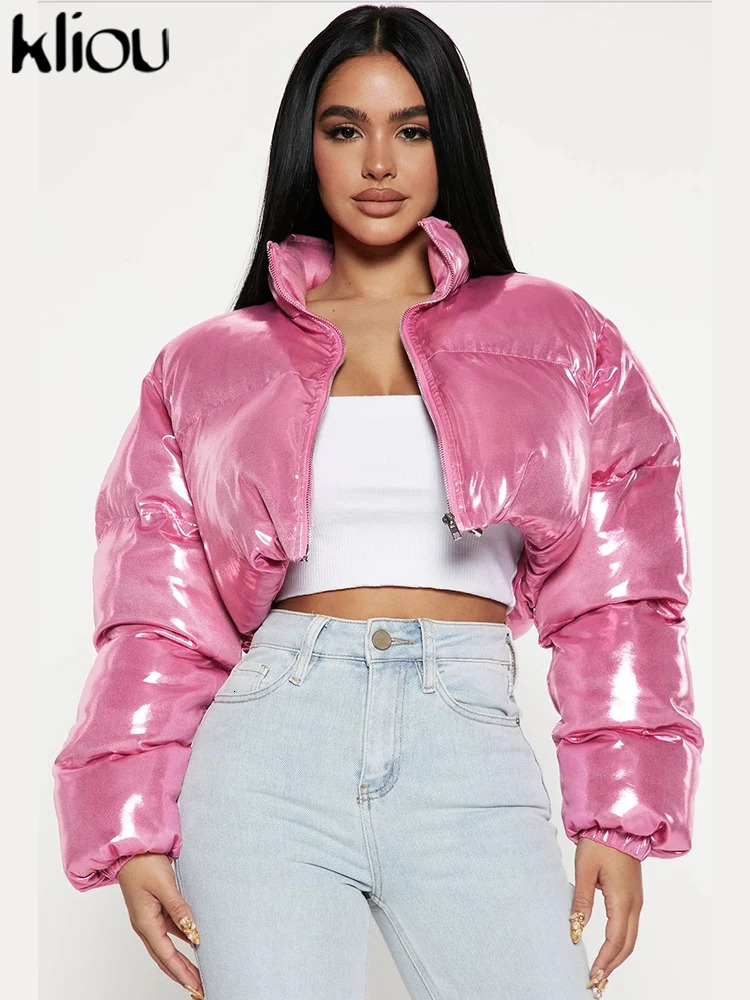 Kliou Shiny Solid Puffer Coats Womens Winter Charm Full Sleeve Folded Stand up Collar Zipper Jacket Street Coat 241010